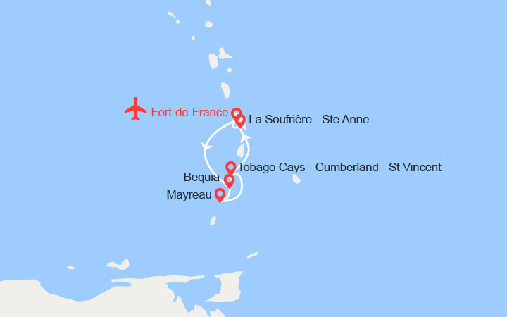 Carte itinéraire croisière A la découverte des Grenadines