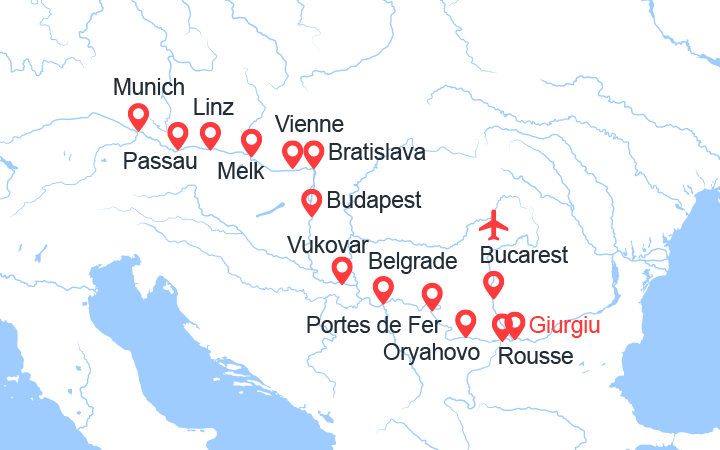 Carte itinéraire croisière Au Fil du Danube, les Portes de Fer - Budapest - Vienne