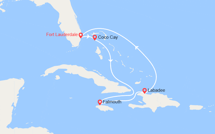 Carte itinéraire croisière Bahamas, Jamaïque, Haïti