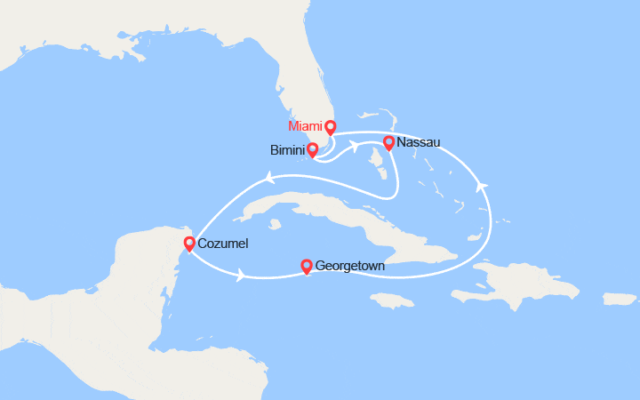 Carte itinéraire croisière Bahamas, Mexique, Iles Caïman