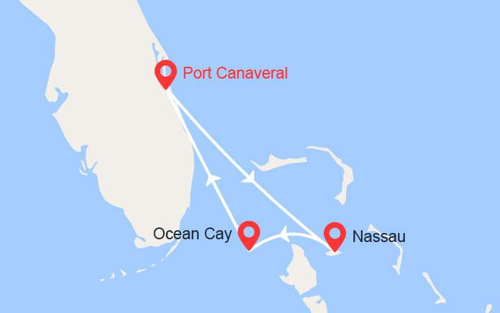Carte itinéraire croisière Bahamas: Nassau et Ocean Cay