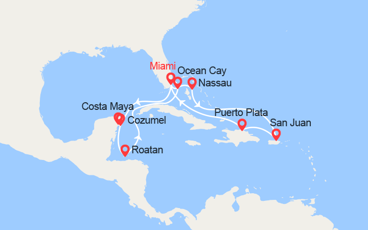 Carte itinéraire croisière Bahamas, Porto Rico, Rép. Dominicaine, Mexique, Honduras