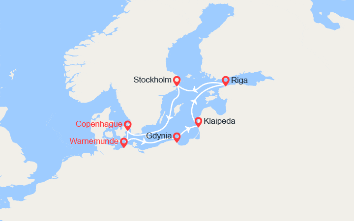 Carte itinéraire croisière Baltique : Pologne, Lituanie, Lettonie, Suède