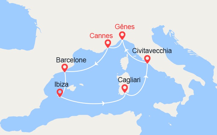 Carte itinéraire croisière Barcelone, Ibiza, Sardaigne, Italie