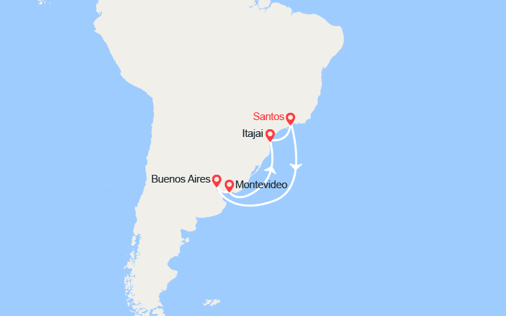 Carte itinéraire croisière Brésil, Argentine, Uruguay