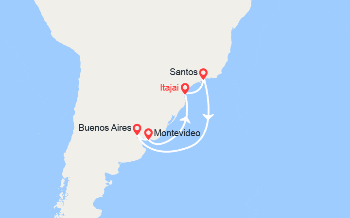 Carte itinéraire croisière Brésil, Uruguay, Argentine