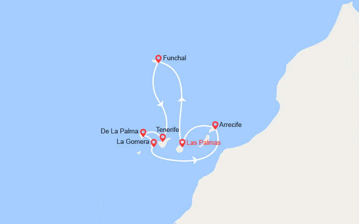 Carte itinéraire croisière Canaries, Madère, Espagne