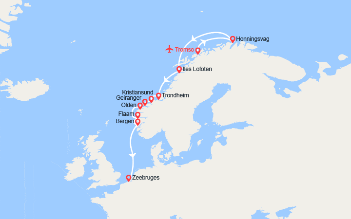 Carte itinéraire croisière Cap Nord, îles Lofoten et fjords