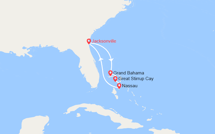 Carte itinéraire croisière Cap sur les Bahamas : Grand Bahama, Great Stirrup Cay, Nassau