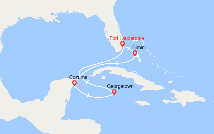 Carte itinéraire croisière Caraïbes : Bimini, Cozumel, George Town