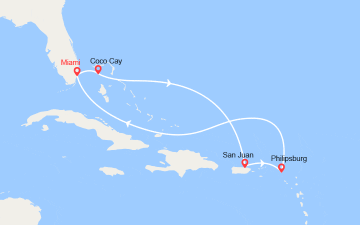Carte itinéraire croisière CocoCay, San Juan, Philipsburg