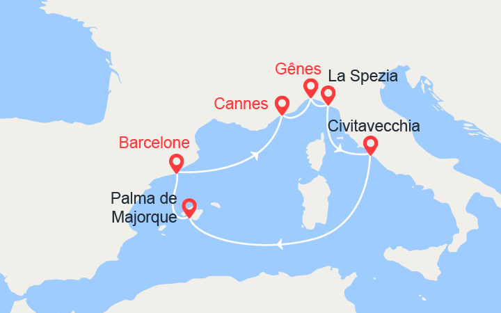 Carte itinéraire croisière Côte d'Azur, Italie, Majorque, Barcelone