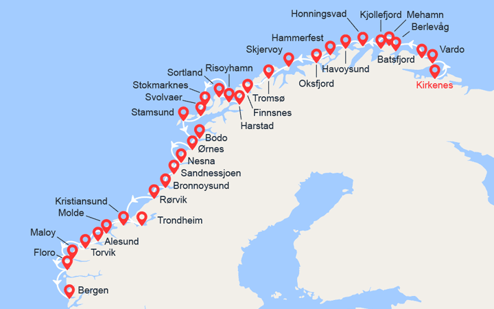 Carte itinéraire croisière Côte Norvégienne: de Kirkenes à Bergen