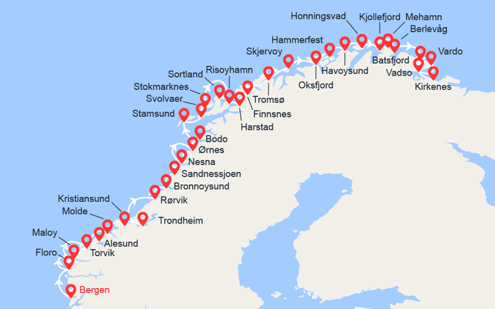 Carte itinéraire croisière Côte Norvégienne du Sud au Nord: de Bergen à Kirkenes