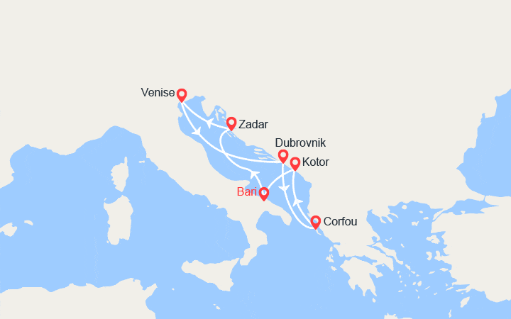 Carte itinéraire croisière Croatie, Italie, Iles grecques, Monténégro