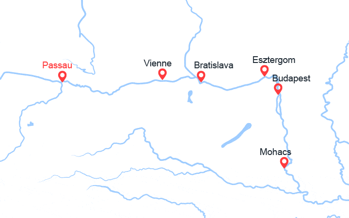 Carte itinéraire croisière Danube: Passau-Vienne-Budapest-Bratislava-Passau