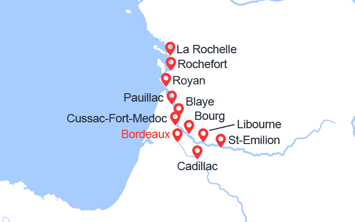 Carte itinéraire croisière De Bordeaux à Royan, l'estuaire de la Gironde, la Garonne et la Dordogne (BYA_PP)