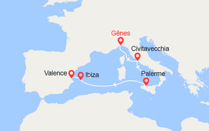 Carte itinéraire croisière De Gênes à Valence: Itlie, Sicile, Ibiza