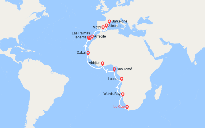 Carte itinéraire croisière De l'Afrique du Sud à l'Espagne : Namibie, Angola, Côte d'Ivoire, Sénégal