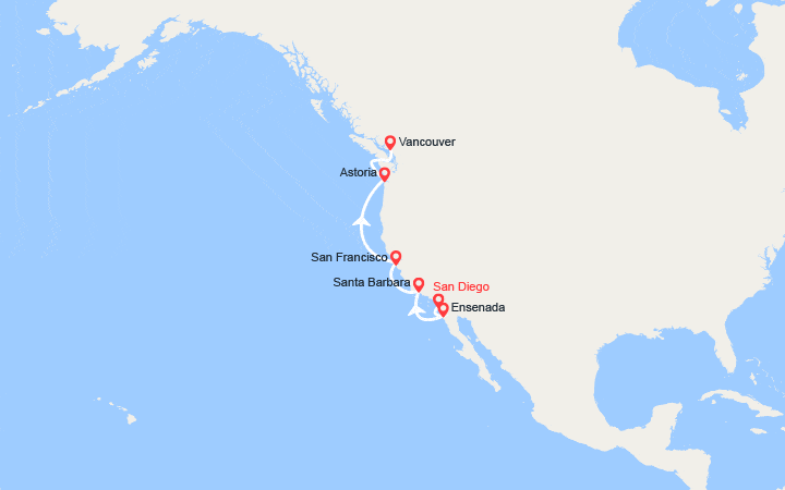 Carte itinéraire croisière De San Diego à Vancouver : Santa Barbara, San Francisco, Astoria