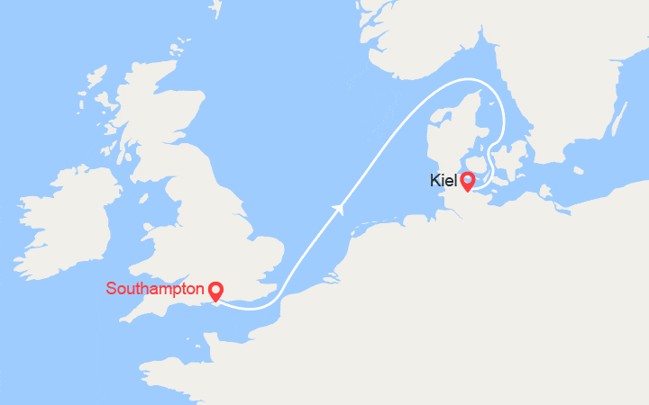 Carte itinéraire croisière De Southampton à Kiel