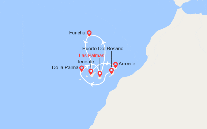 Carte itinéraire croisière Découvrez : Madère, Îles Canaries, Fuerteventura, Gran Canaria