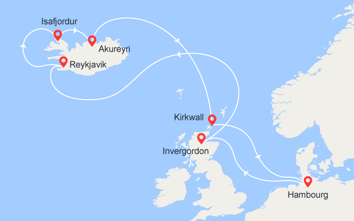 Carte itinéraire croisière Écosse et Islande