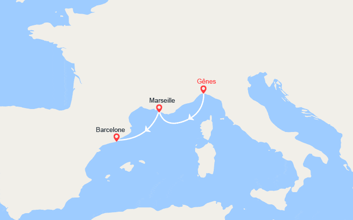 Carte itinéraire croisière Escapade en Méditerranée : Italie, France, Espagne