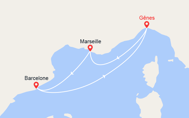Carte itinéraire croisière Escapade en Méditerranée: Italie, Provence, Barcelone