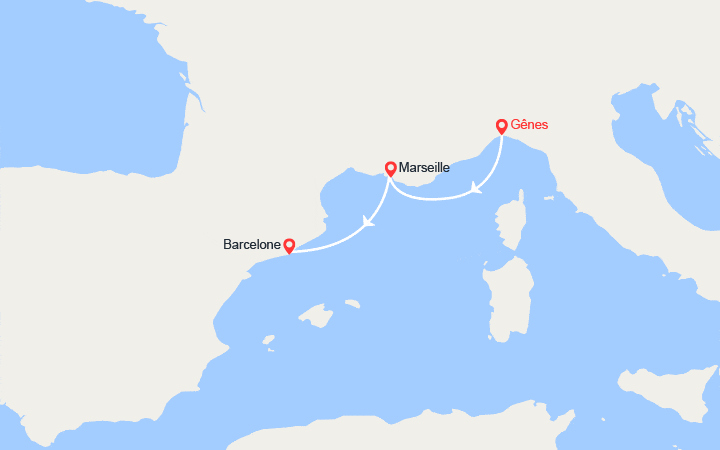 Carte itinéraire croisière Escapade en Méditerranée : Italie, Provence, Espagne