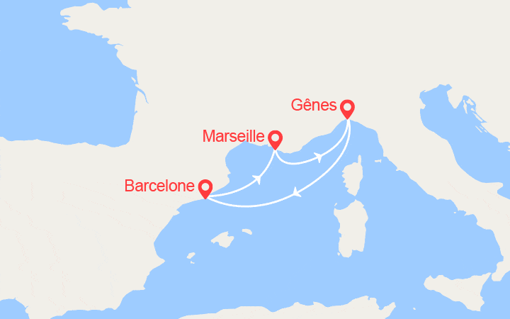 Carte itinéraire croisière Escapade France, Italie, Espagne