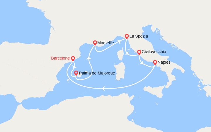 Carte itinéraire croisière Espagne, France, Italie