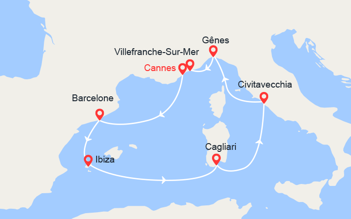 Carte itinéraire croisière Espagne, Ibiza, Sardaigne, Italie: départ de Cannes