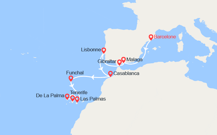 Carte itinéraire croisière Espagne, Portugal, Maroc, Madère, Canaries