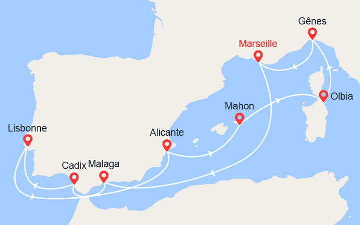Carte itinéraire croisière Espagne, Portugal, Minorque, Italie
