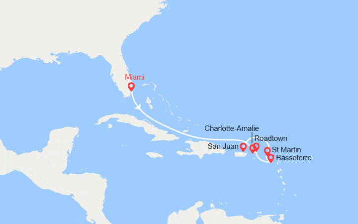 Carte itinéraire croisière États-Unis, îles Vierges, St Christophe et Niévès, Porto Rico
