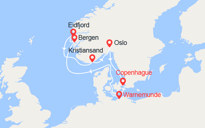 Carte itinéraire croisière Fjords de la Norvège: Bergen, Eidfjord, Kristiansand, Oslo...