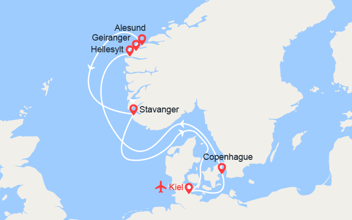 Carte itinéraire croisière Fjords de Norvège : Hellesylt, Geiranger, Alesund, Stavanger - Vols inclus