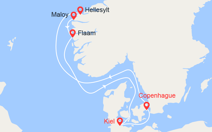 Carte itinéraire croisière Fjords de Norvège : Hellesylt, Maloy, Flam