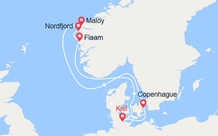 Carte itinéraire croisière Fjords de Norvège : Maloy, Nordfjordeid,Flam