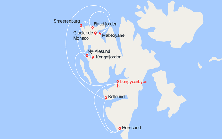Carte itinéraire croisière Fjords et glaciers du Spitzberg