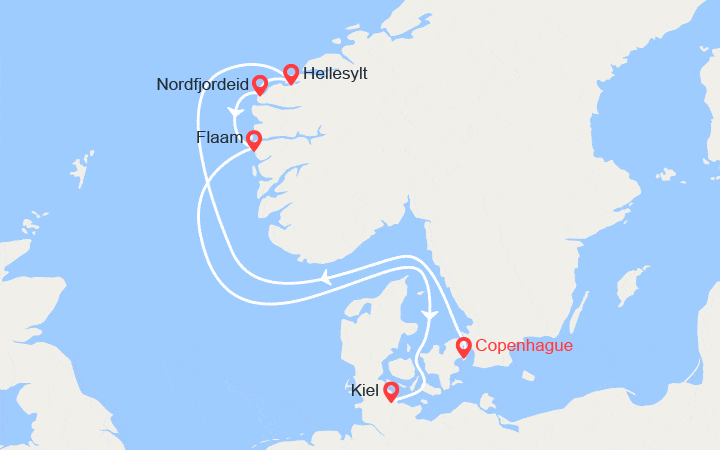 Carte itinéraire croisière Fjords Norvégiens ; de Copenhague à Kiel