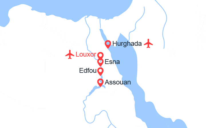 Carte itinéraire croisière FRAMISSIMA : Croisière Gloire des pharaons & Séjour à Hurghada