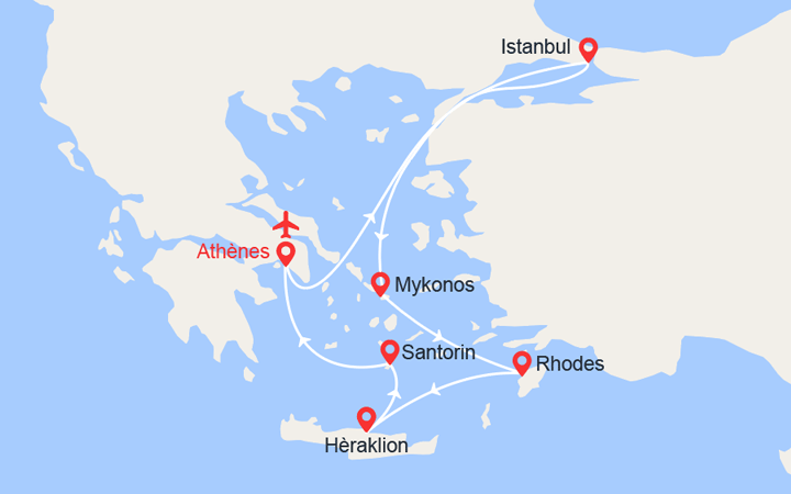 Carte itinéraire croisière Grèce et Turquie avec 2 nuits d'hôtel et vols inclus de Paris