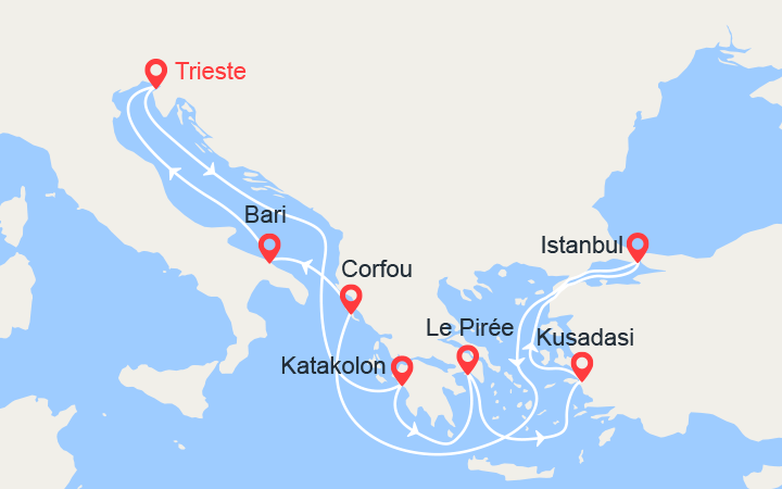 Carte itinéraire croisière Grèce, Turquie, Corfou, Italie