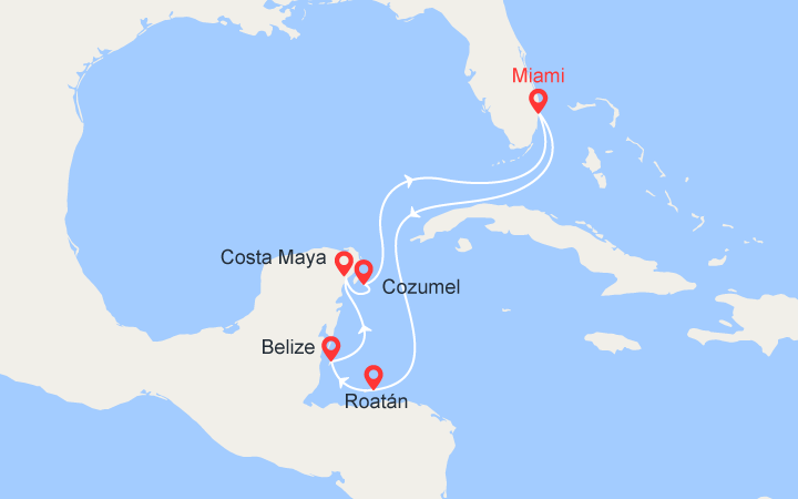 Carte itinéraire croisière Honduras, Belize, Mexique