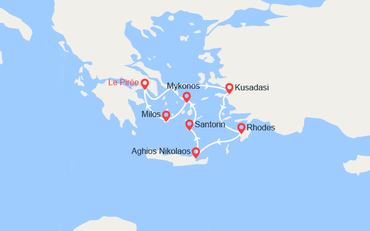 Carte itinéraire croisière Idyllique Mer Egée : Turquie, Rhodes, Crète, Santorin, Mykonos, Milos
