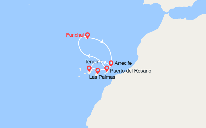 Carte itinéraire croisière Iles Canaries : Lanzarote, Tenerife, Gran Canaria, Fuerteventura
