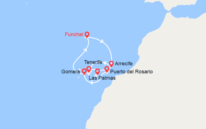 Carte itinéraire croisière Iles Canaries : Lanzarote, Tenerife, Gran Canaria, Fuerteventura, La Gomera