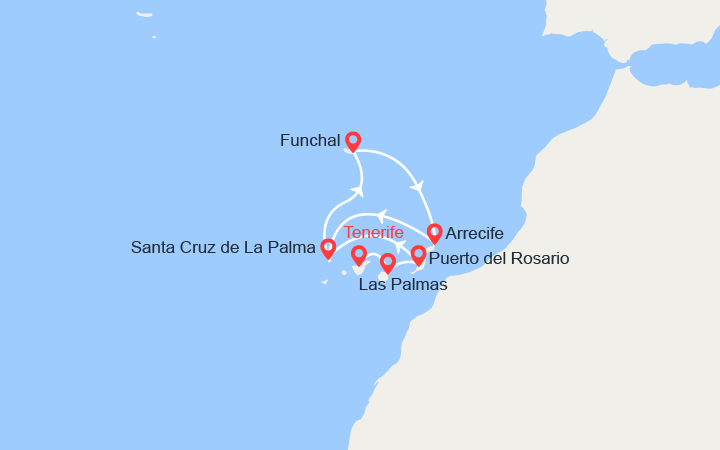 Carte itinéraire croisière Iles Canaries & Madère : Fuerteventura, La Palma, Madère, Lanzarote...
